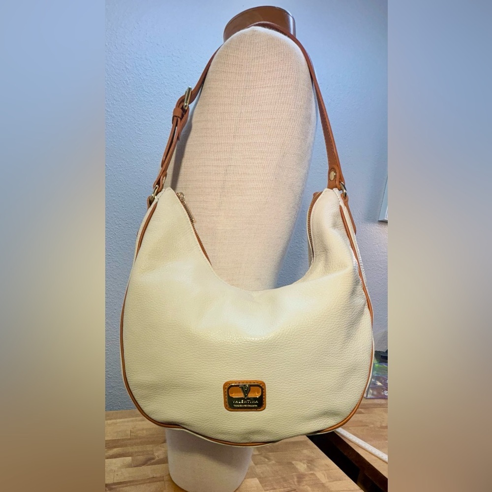 Valentina Italian Leather Hobo Bag Cream & Tan Shoulder Purse